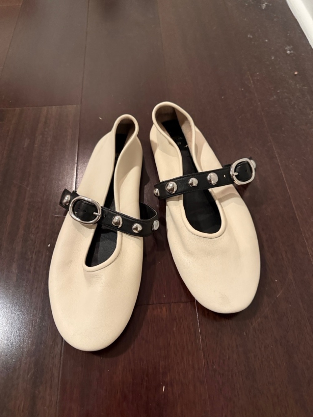 Zara Cream Mary Jane Flats with Black Studded Strap